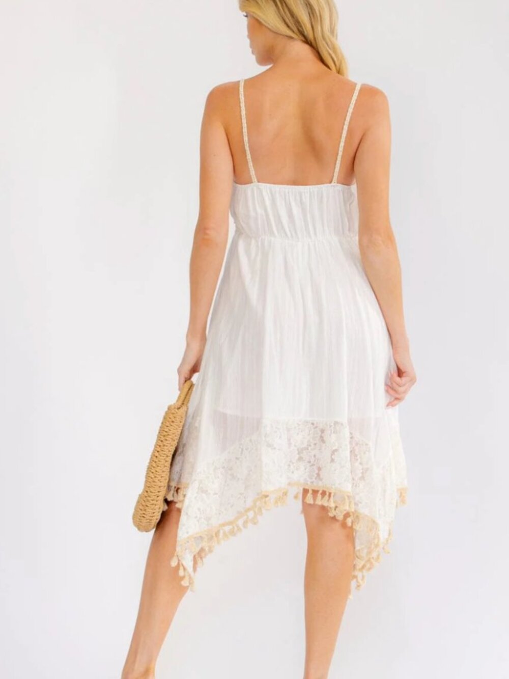Boho NWT Handkerchief mini Dress S-M-L Crochet Bodice White & tan - Picture 2 of 3